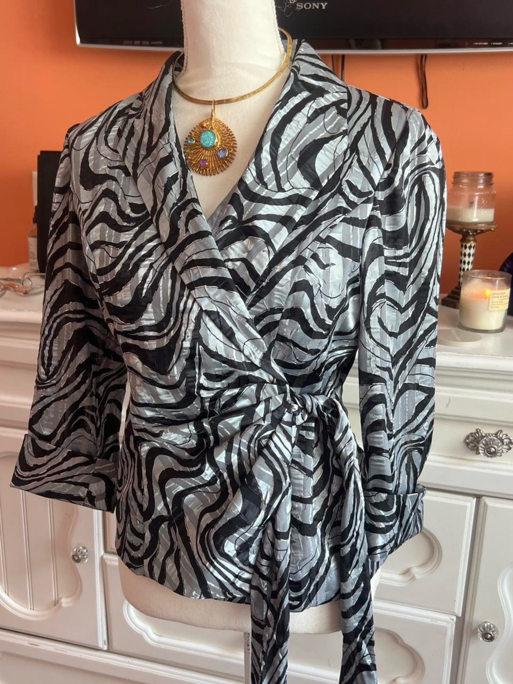 Alex Evenings Silver and Black Wrap Blouse with Side Tie